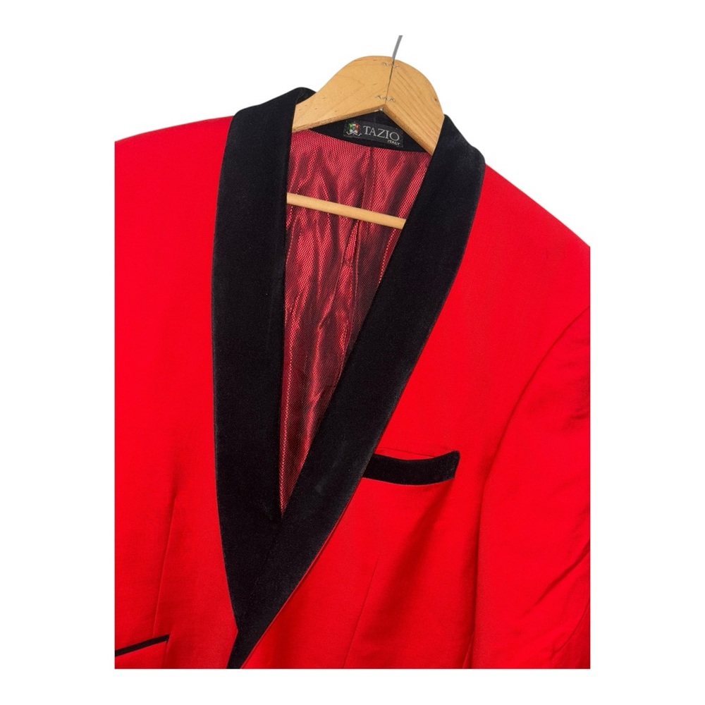 Tazio Italy Mens 44L Red Jacket Black Velvet Trim Tuxedo Blazer Holiday Formal - Picture 4 of 14